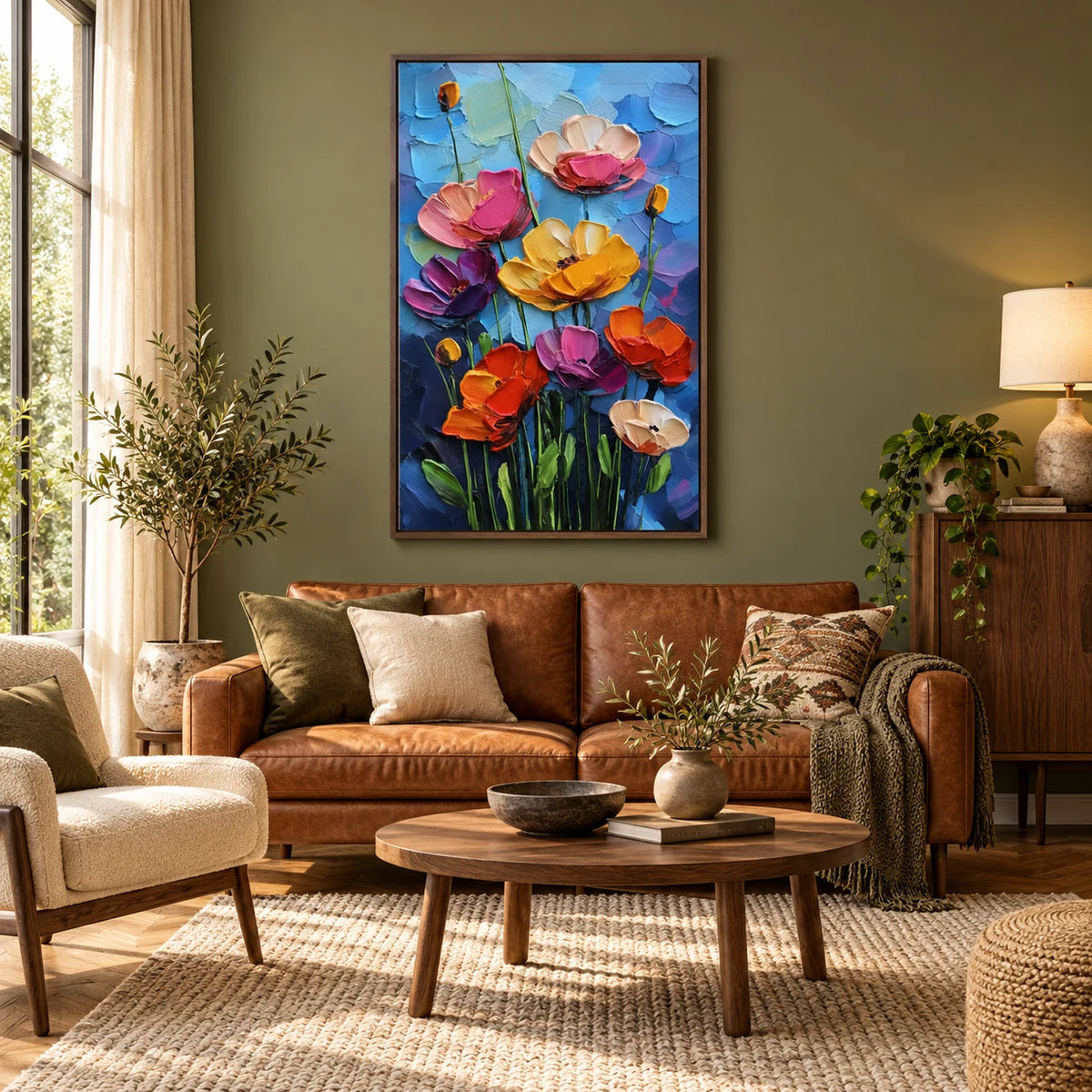 Azure Bloom Garden Painting AA#2330 — Dark Wood Frame existing room preview