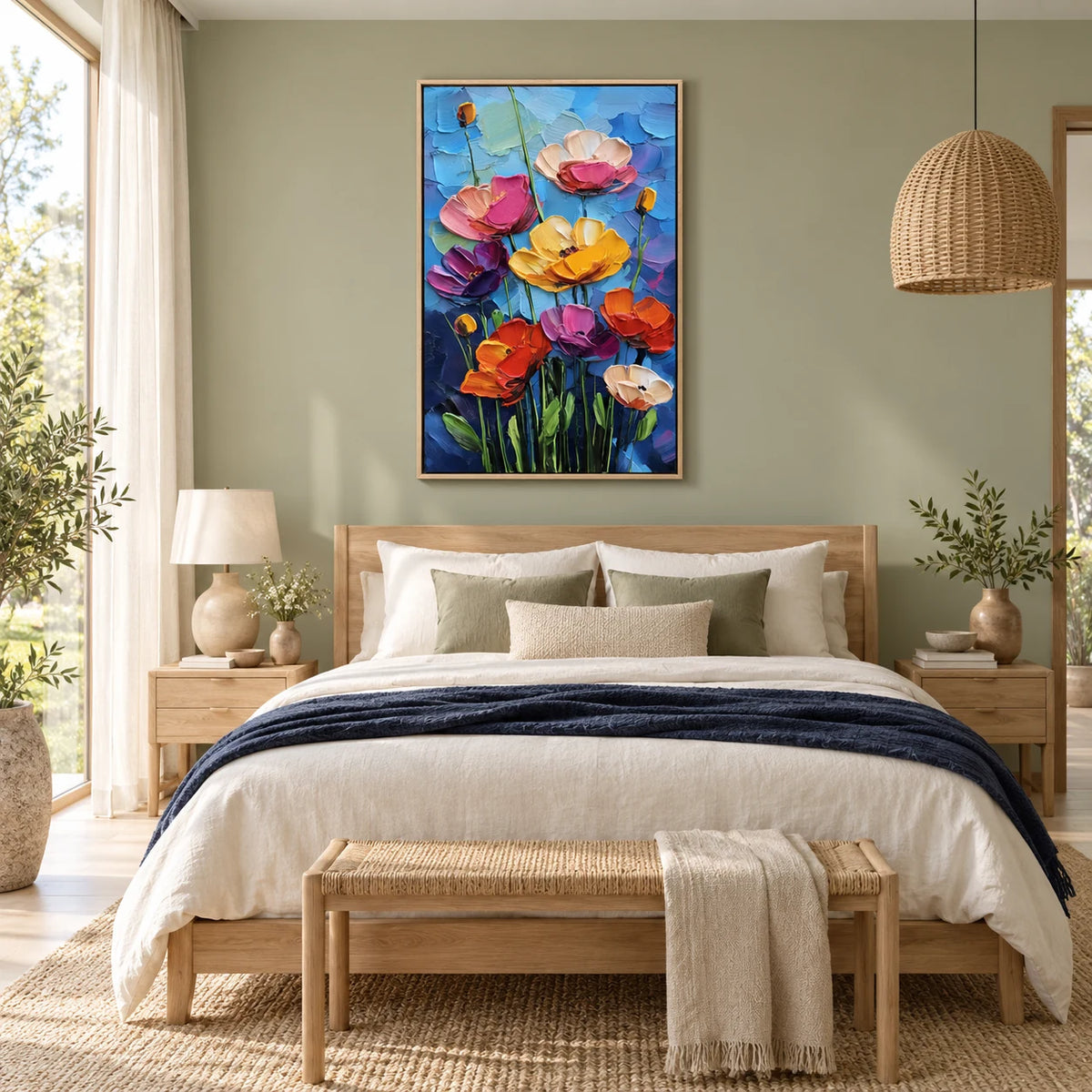 Azure Bloom Garden Painting AA#2330 — Wood Frame existing room preview