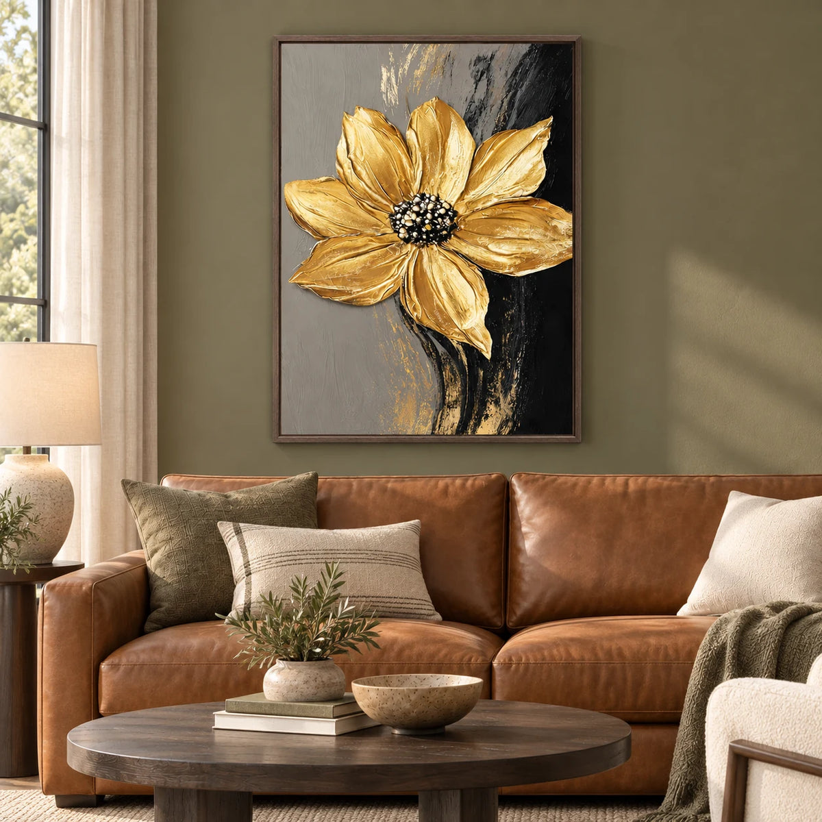 Golden Bloom Noir Painting AA#2331 — Dark Wood Frame existing room preview