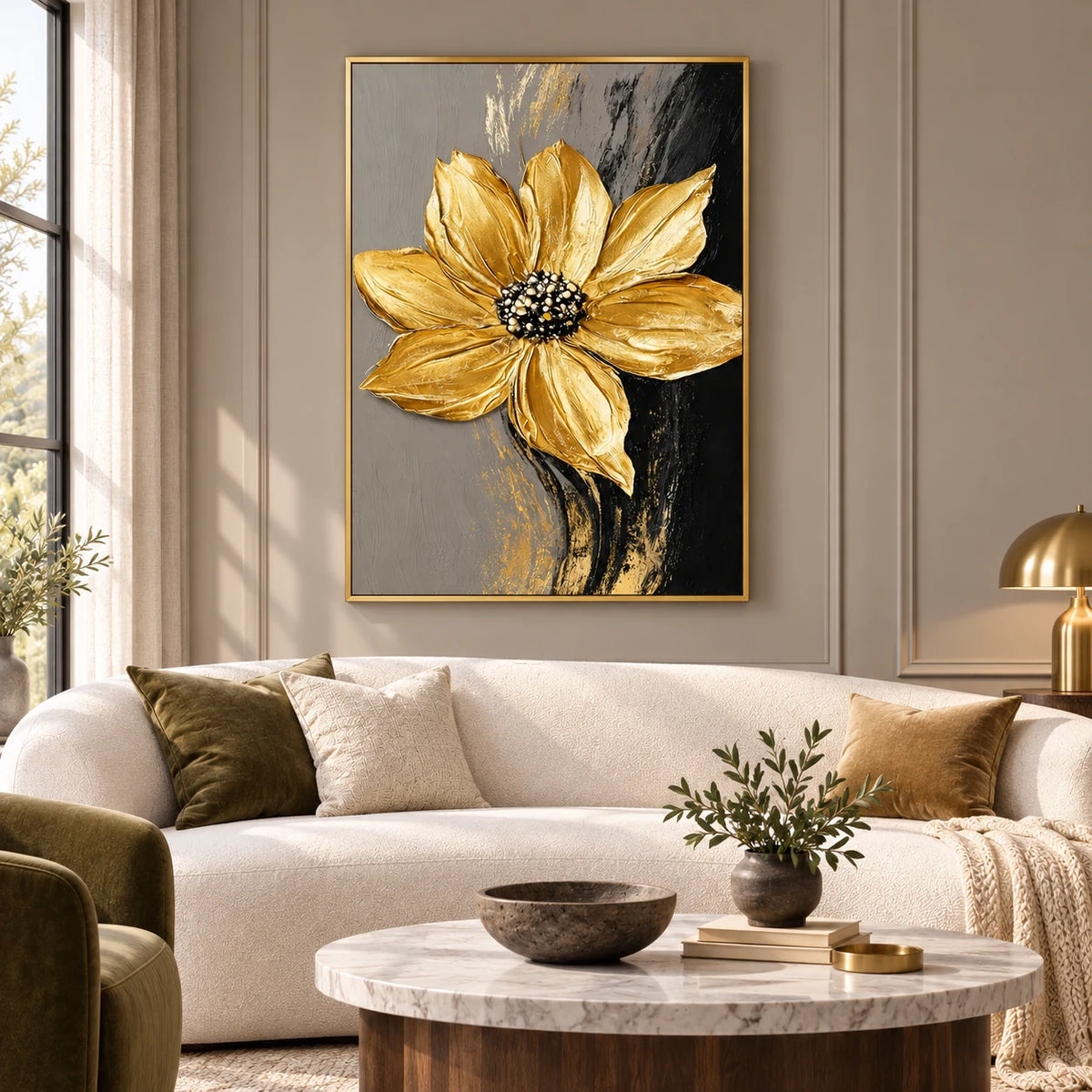 Golden Bloom Noir Painting AA#2331 — Gold Frame existing room preview