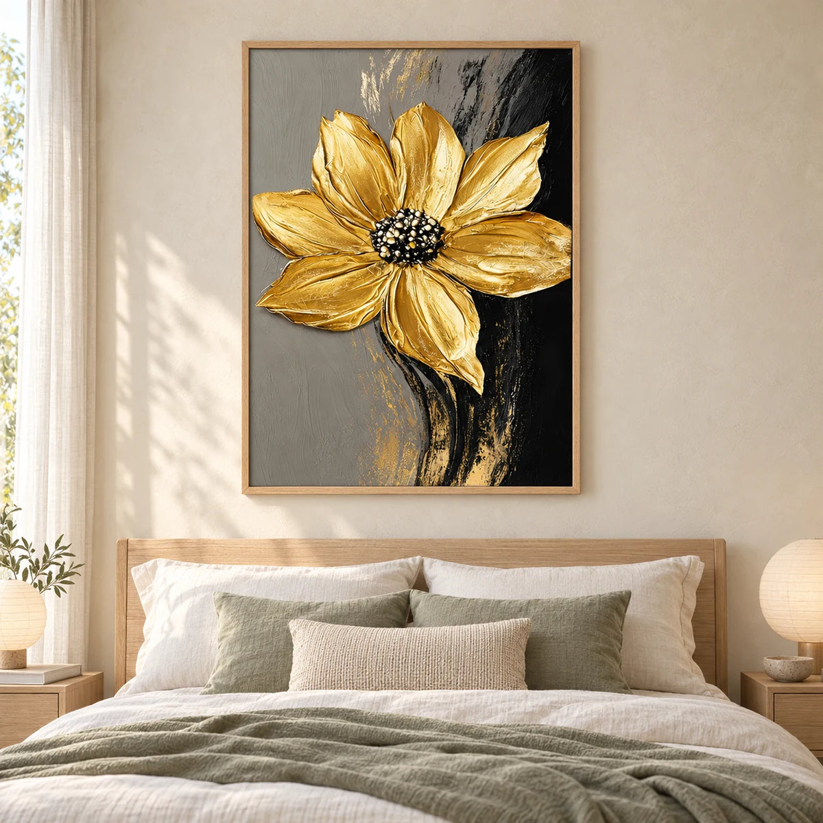 Golden Bloom Noir Painting AA#2331 — Wood Frame existing room preview