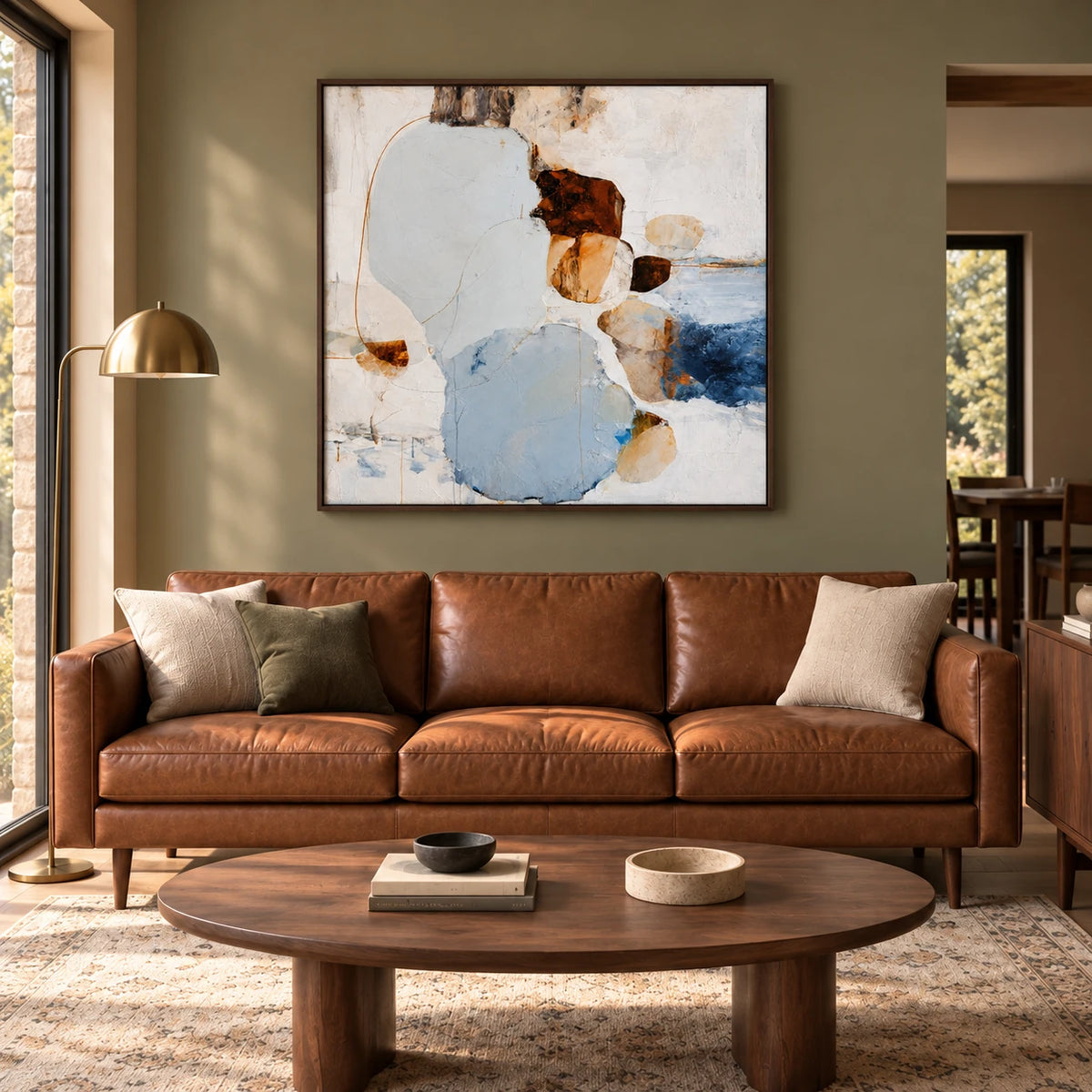 Soft Circle Abstract Wall Art AA#3002 — Dark Wood Frame existing room preview