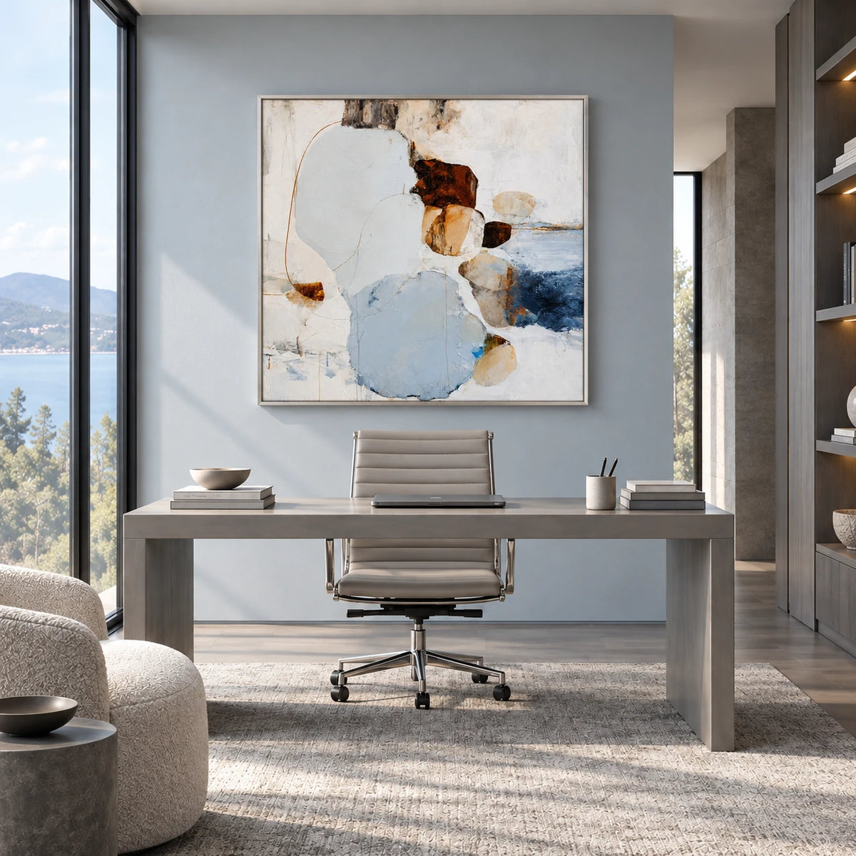 Soft Circle Abstract Wall Art AA#3002 — Silver Frame existing room preview