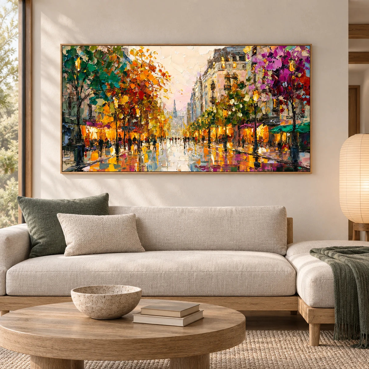 Colorful Cityscape Wall Art AA#3006 — Wood Frame existing room preview