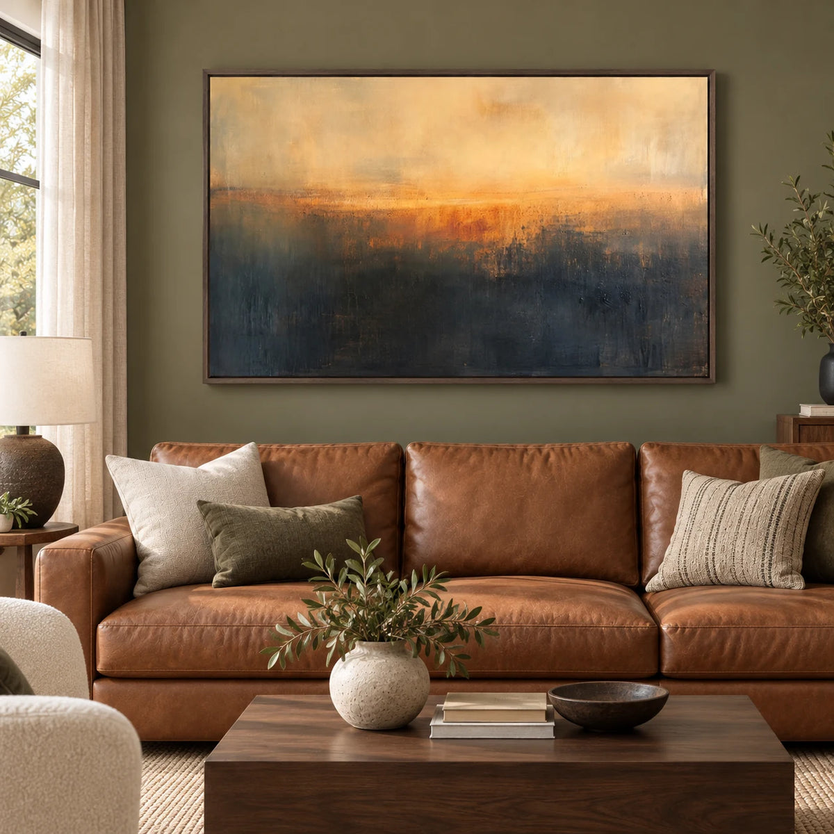 Sunset Horizon Landscape AA#3010 — Dark Wood Frame existing room preview