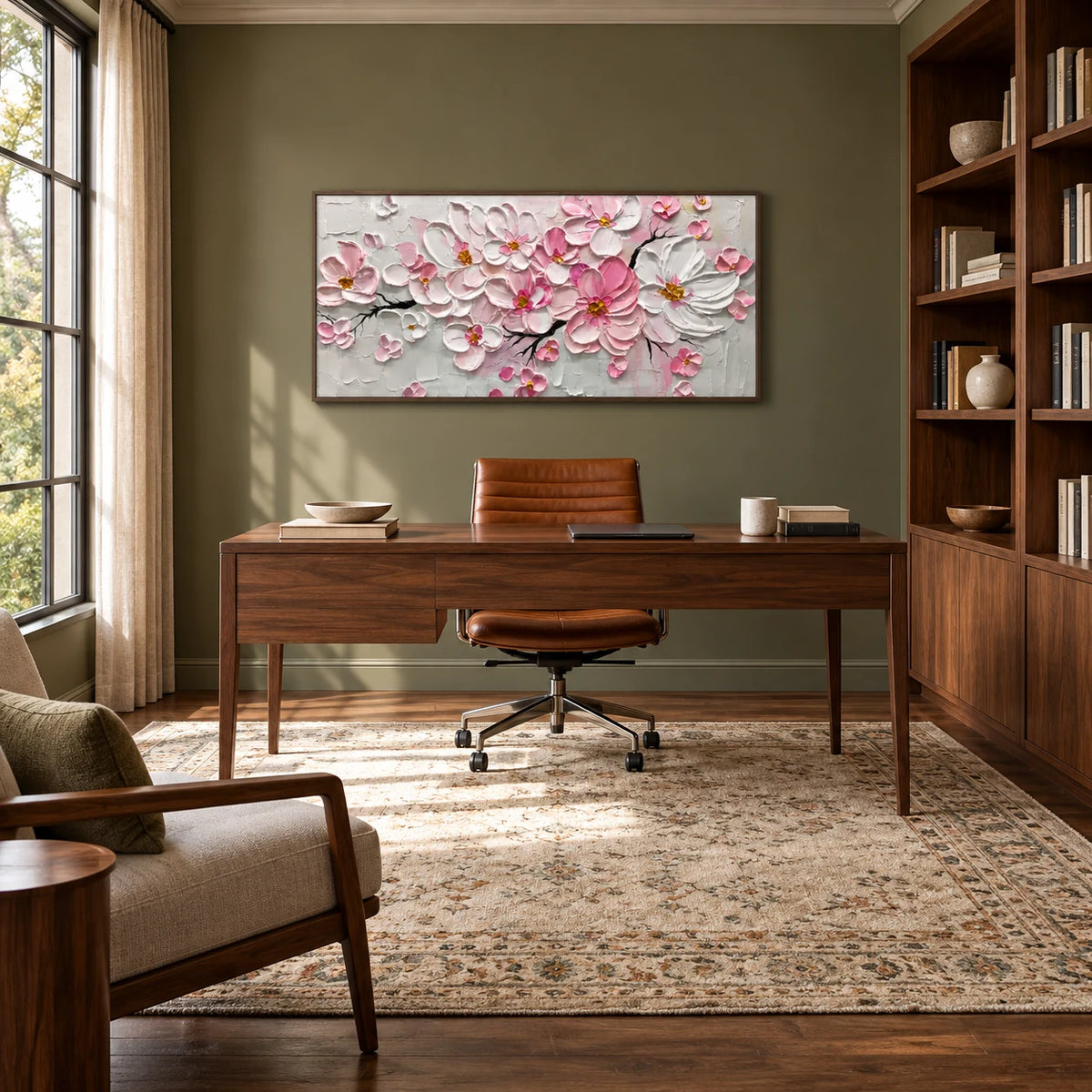 Blush Floral Canvas Art AA#3020 — Dark Wood Frame existing room preview
