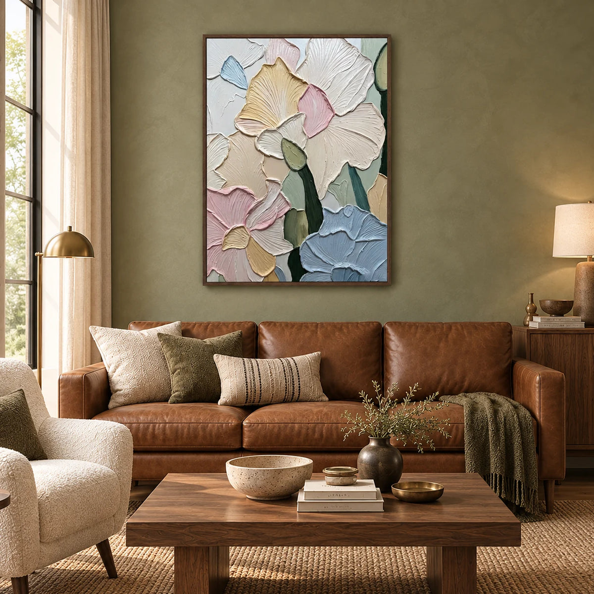 Pastel Petal Textured Art AA#3021 — Dark Wood Frame existing room preview