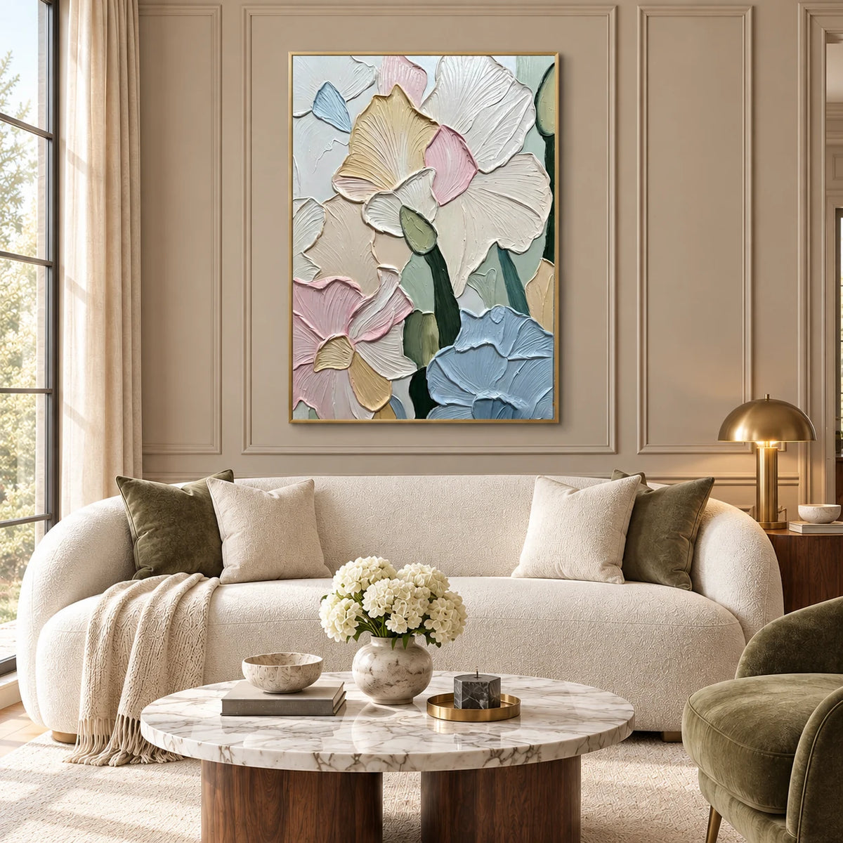 Pastel Petal Textured Art AA#3021 — Gold Frame existing room preview