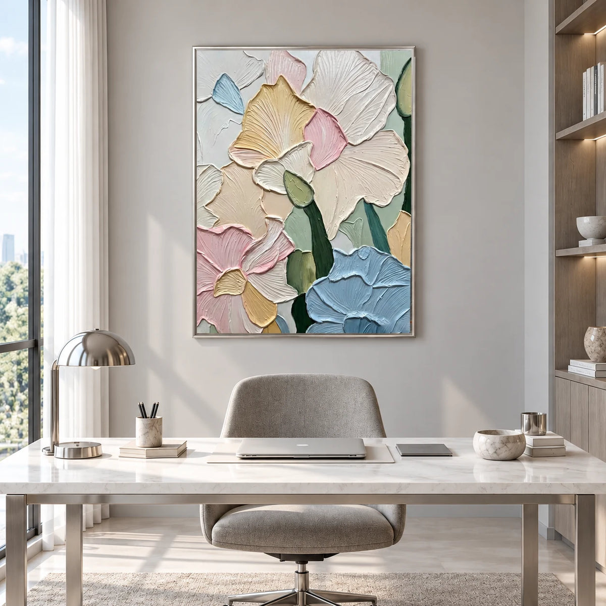 Pastel Petal Textured Art AA#3021 — Silver Frame existing room preview