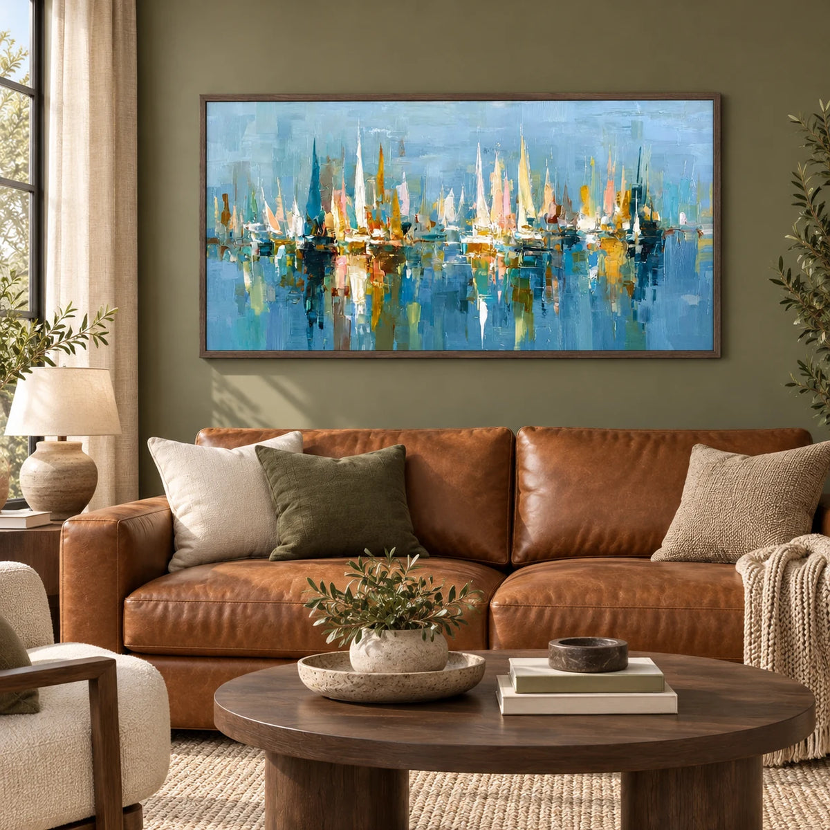 Blue City Skyline Art AA#3022 — Dark Wood Frame existing room preview