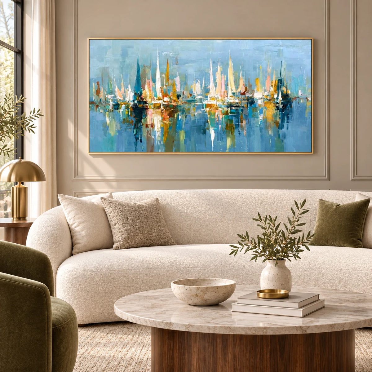 Blue City Skyline Art AA#3022 — Gold Frame existing room preview
