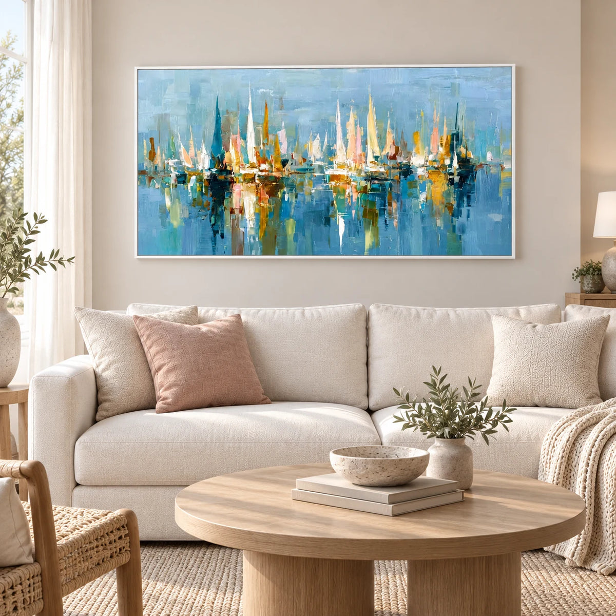Blue City Skyline Art AA#3022 — White Frame existing room preview