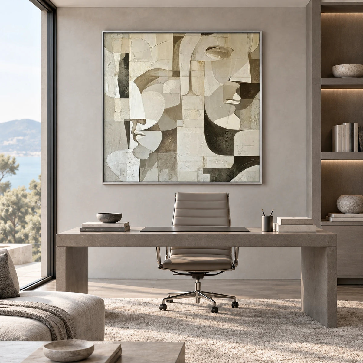 Modern Face Abstract Art AA#3043 — Silver Frame existing room preview