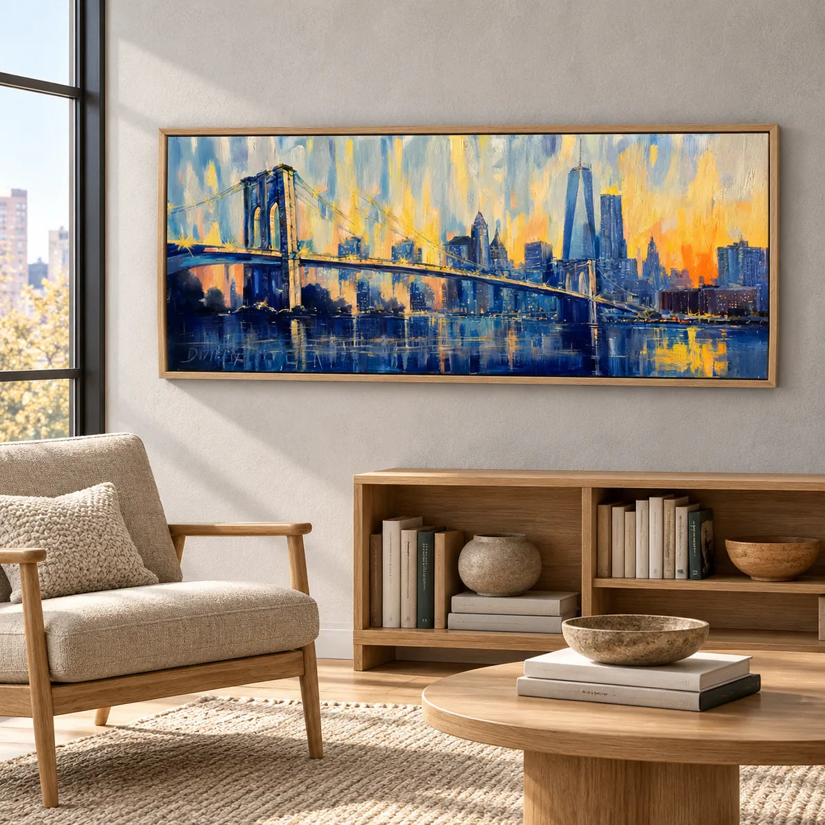 New York Brooklyn Bridge Skyline Painting AI#2332 — Wood Frame existing room preview