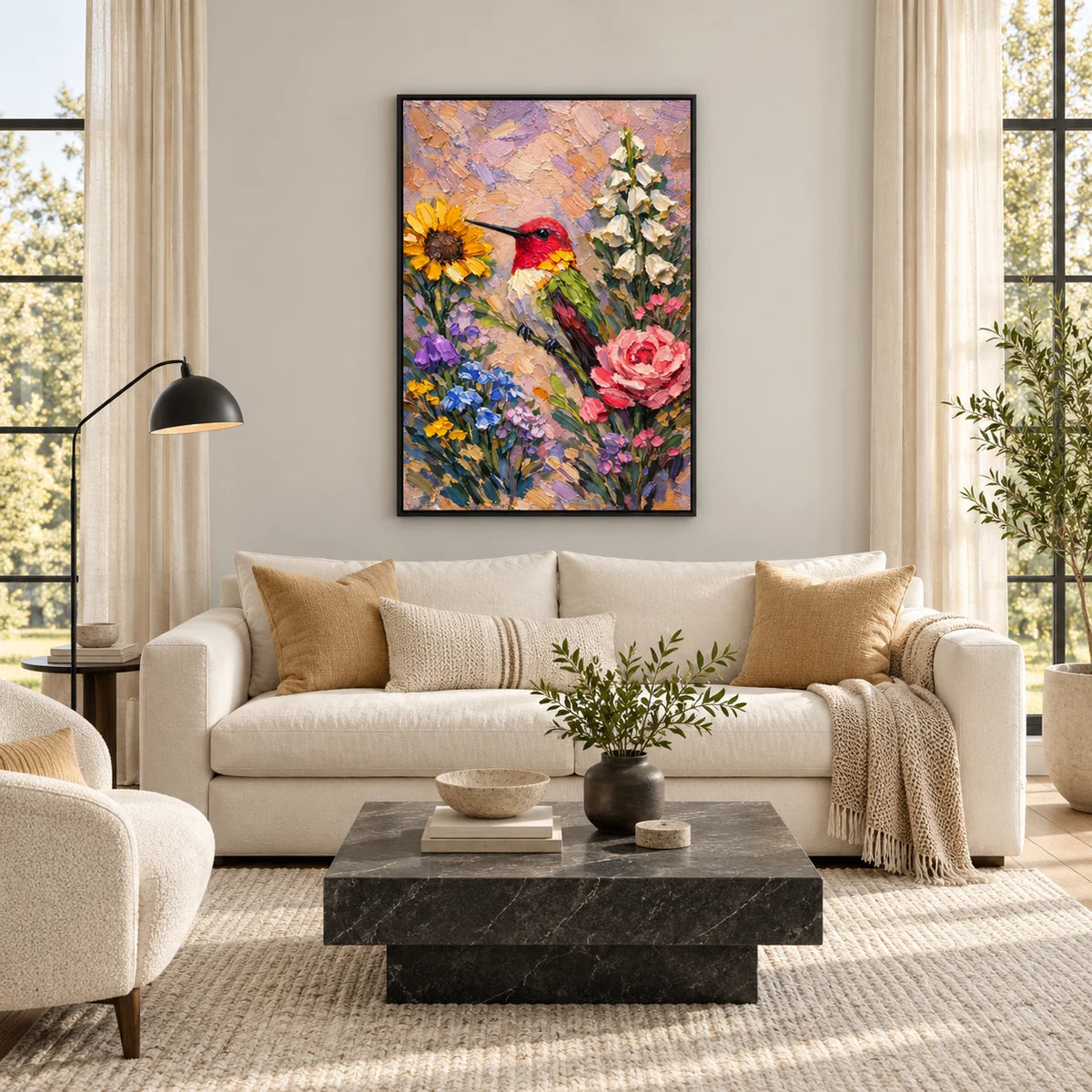 Same room with Hummingbird Floral Textured Painting AI#2333 in Black Frame