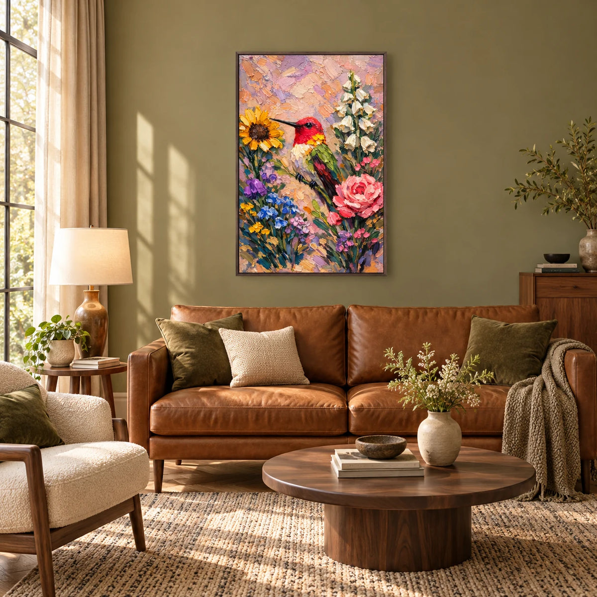 Hummingbird Floral Textured Painting AI#2333 — Dark Wood Frame existing room preview