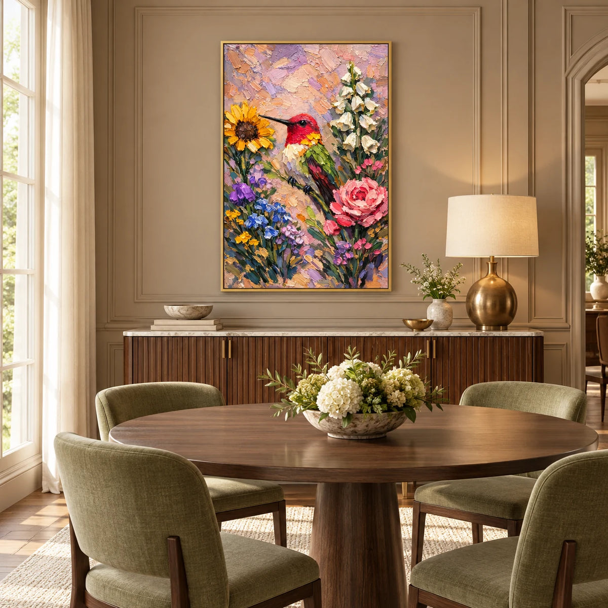 Hummingbird Floral Textured Painting AI#2333 — Gold Frame existing room preview