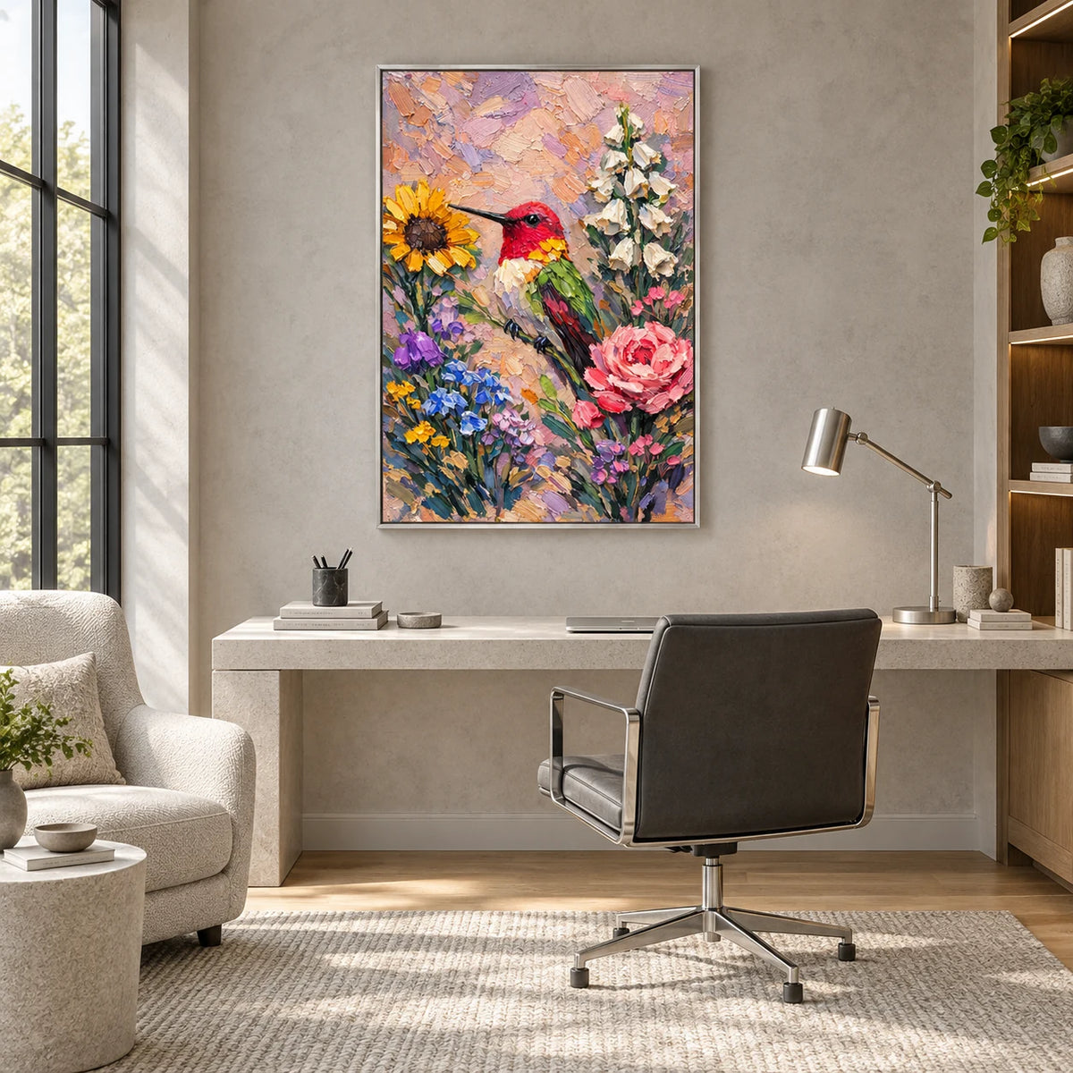 Hummingbird Floral Textured Painting AI#2333 — Silver Frame existing room preview