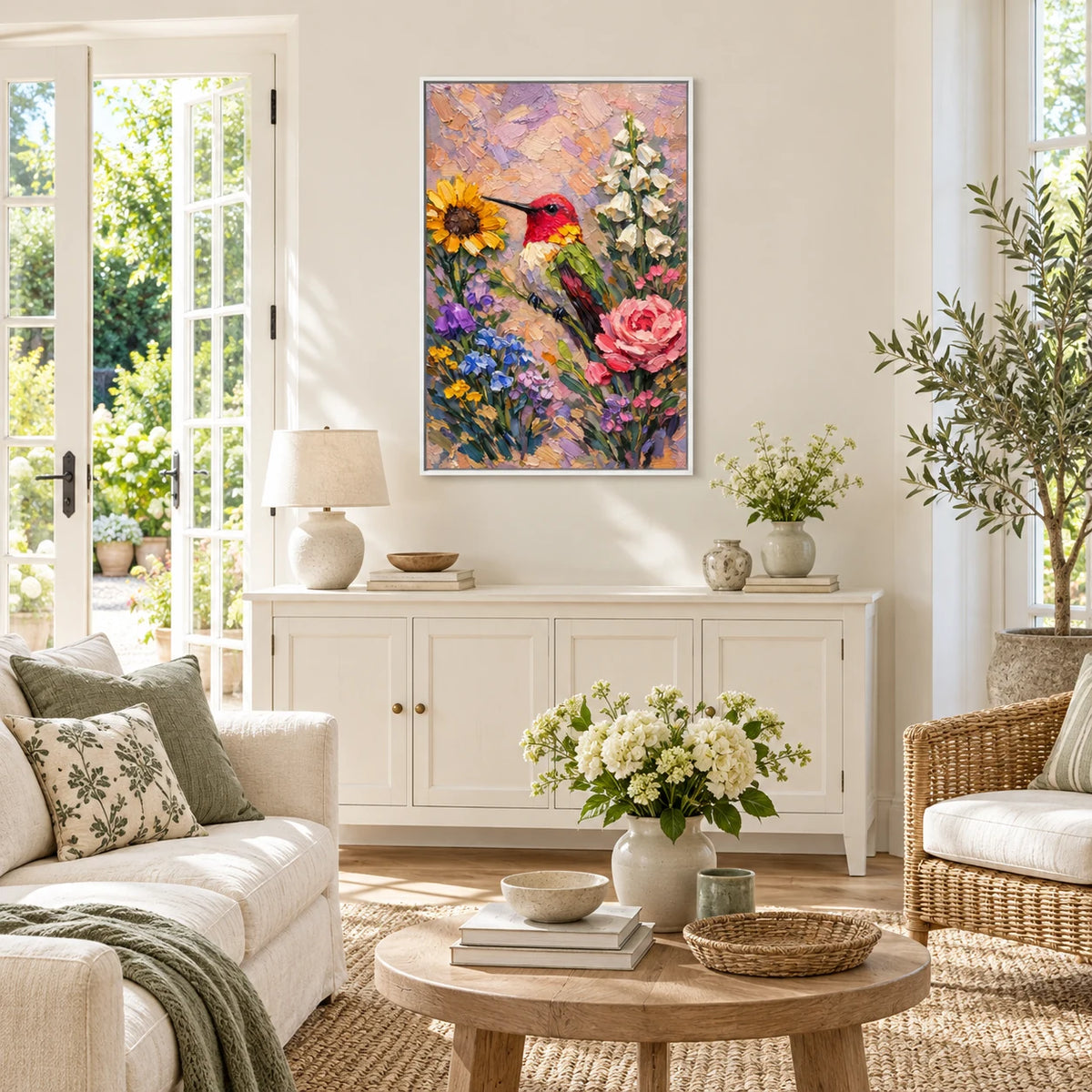Hummingbird Floral Textured Painting AI#2333 — White Frame existing room preview