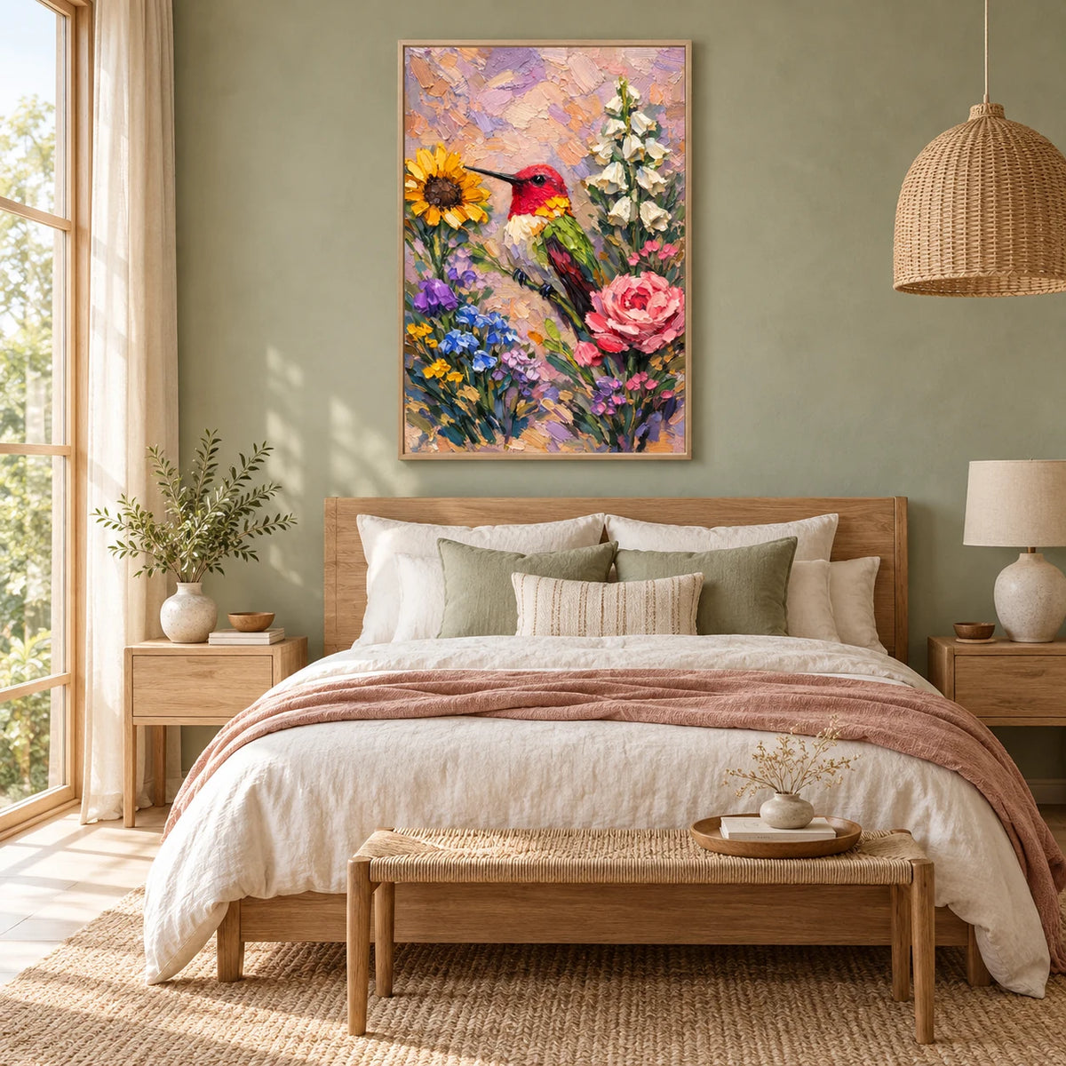 Hummingbird Floral Textured Painting AI#2333 — Wood Frame existing room preview