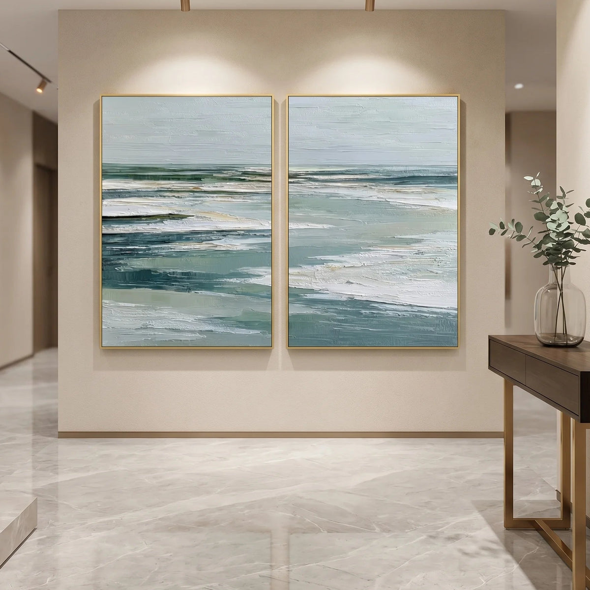 Abstract Coastal Diptych Canvas Painting in Sage Blue TA#1223 — Existing room preview room preview