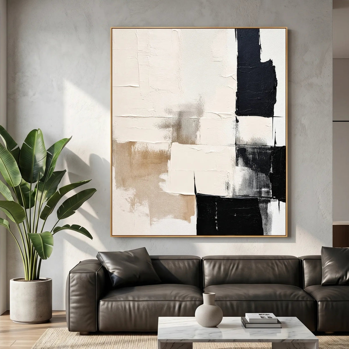 Black White Abstract Original Oil Painting Wall Art AA#0616 — Existing room preview room preview
