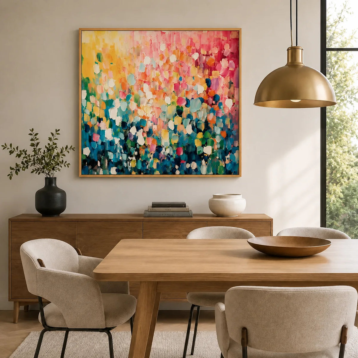 Colorful Abstract Floral Oil Painting Canvas Wall Art AA#0612 — Wood Frame existing room preview