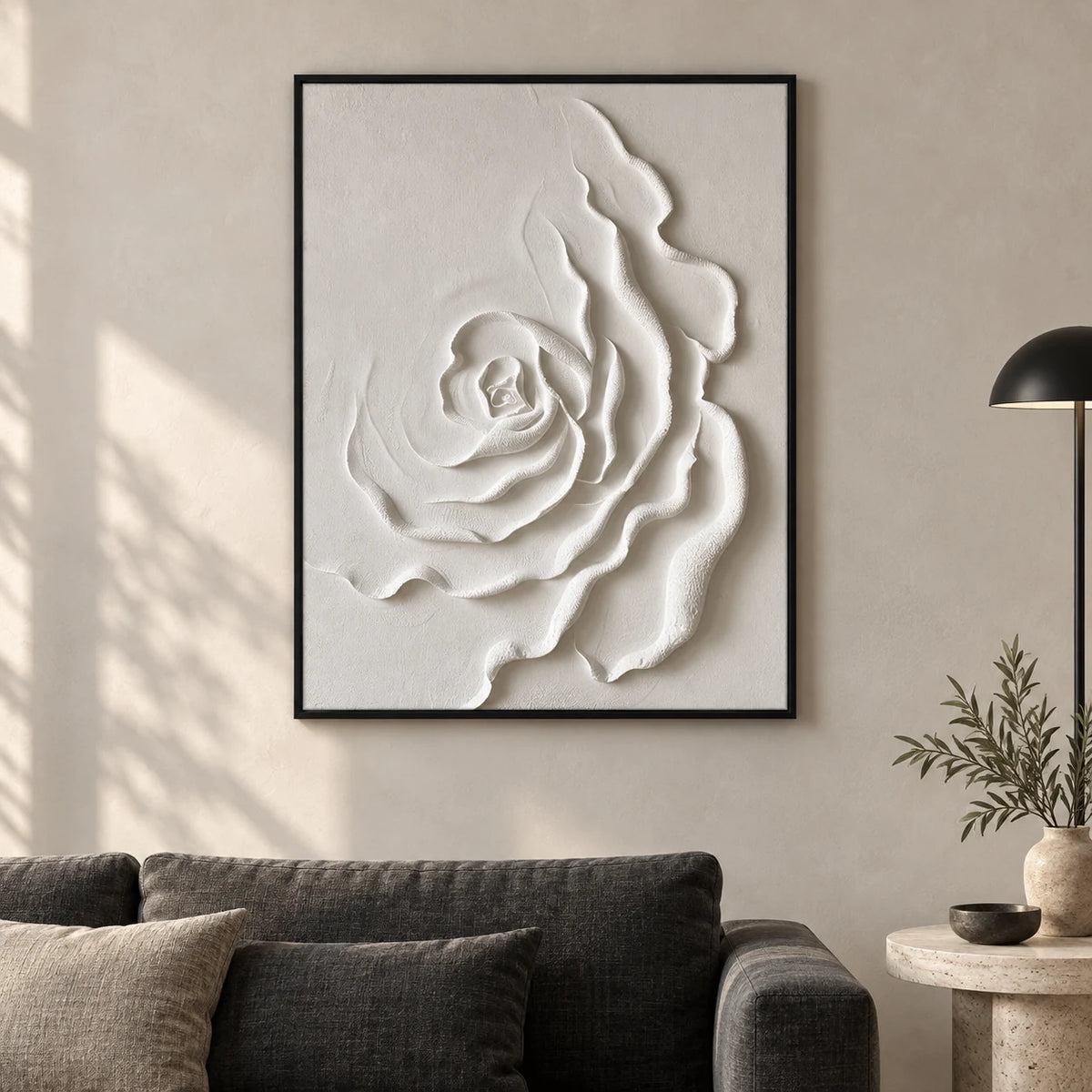 Same room with Minimalist White Rose Relief Wall Art for Modern Interior HM#0521 in Black Frame