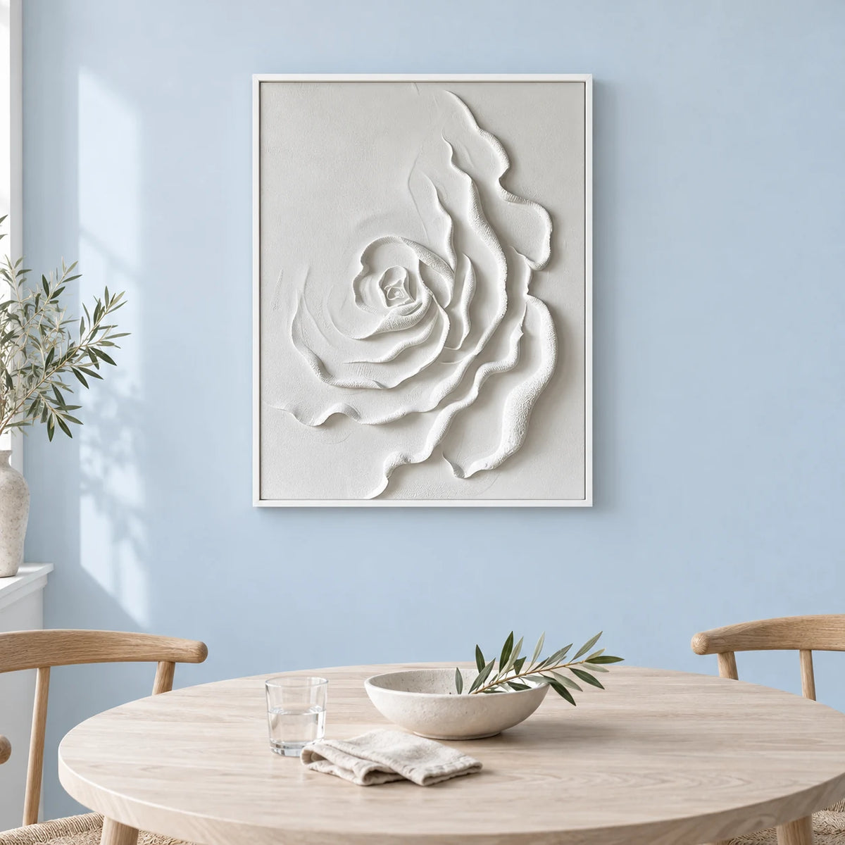 Minimalist White Rose Relief Wall Art for Modern Interior HM#0521 — White Frame existing room preview