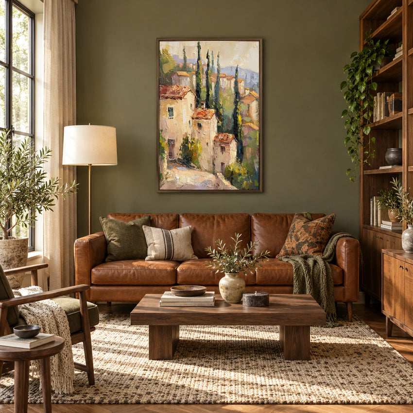 HM0728 Italian village painting in dark wood frame, full styled home interior