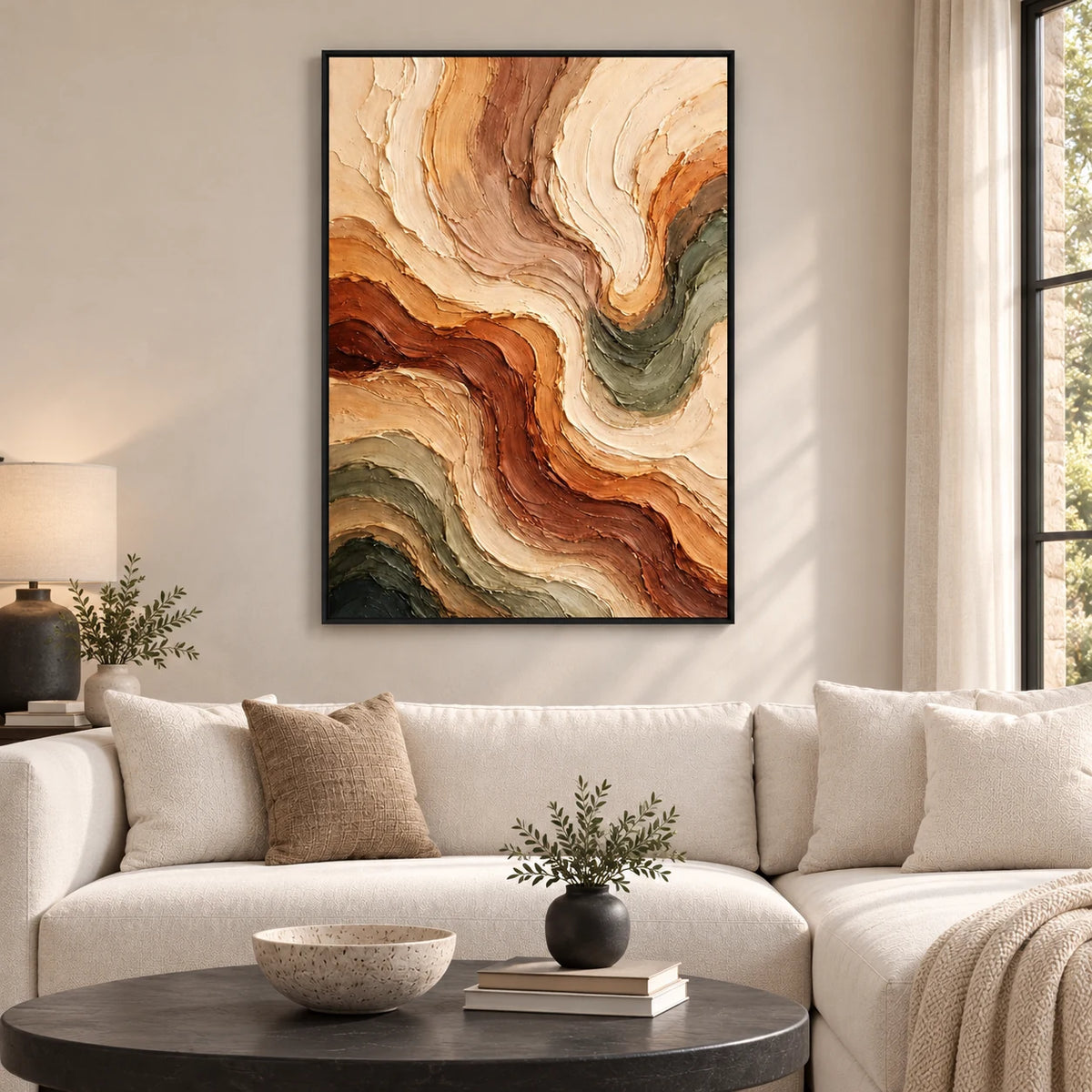 Same room with Wavy Impasto Abstract Oil Painting Vertical Art HP#2815 in Black Frame