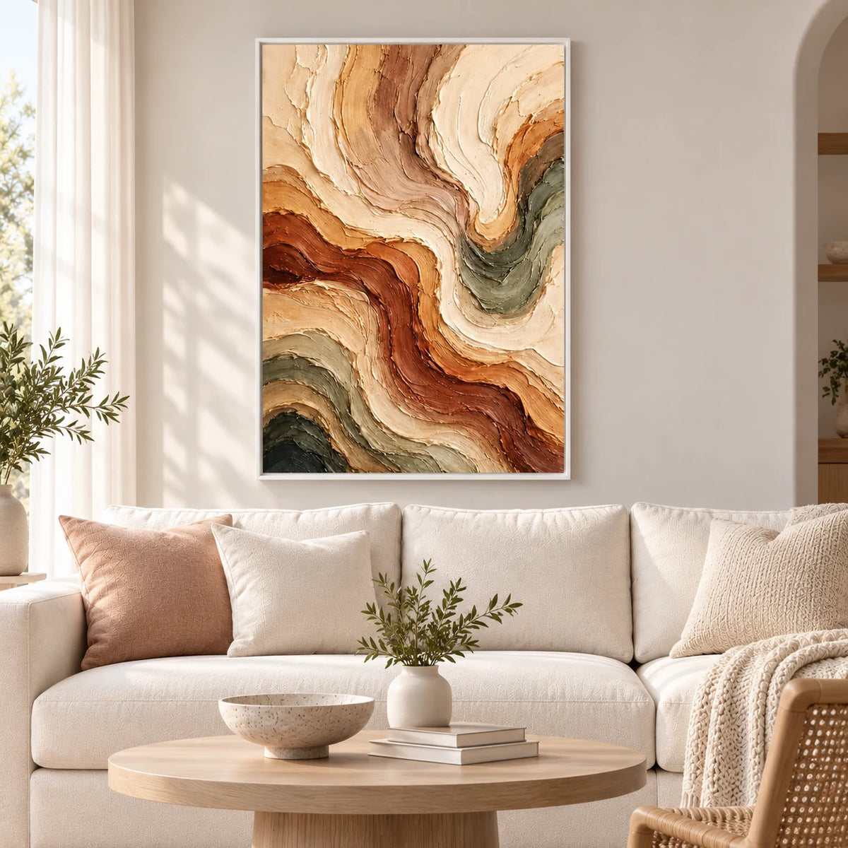 Wavy Impasto Abstract Oil Painting Vertical Art HP#2815 — White Frame existing room preview