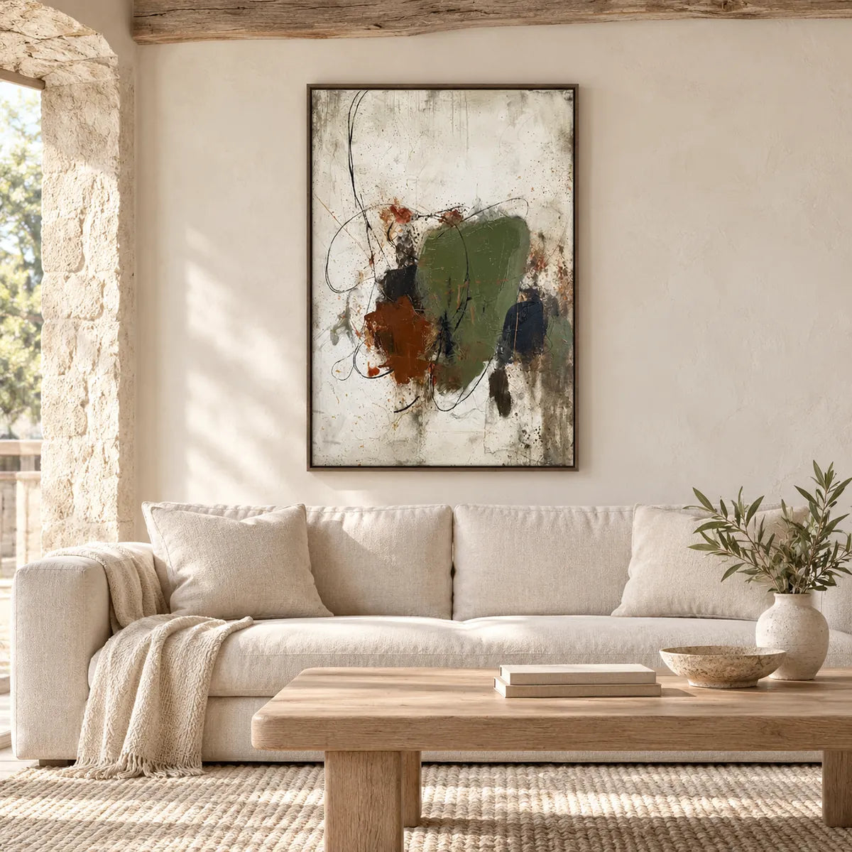 Wabi-Sabi Abstract Oil Painting Rustic Wall Art HP#2819 — Dark Wood Frame existing room preview