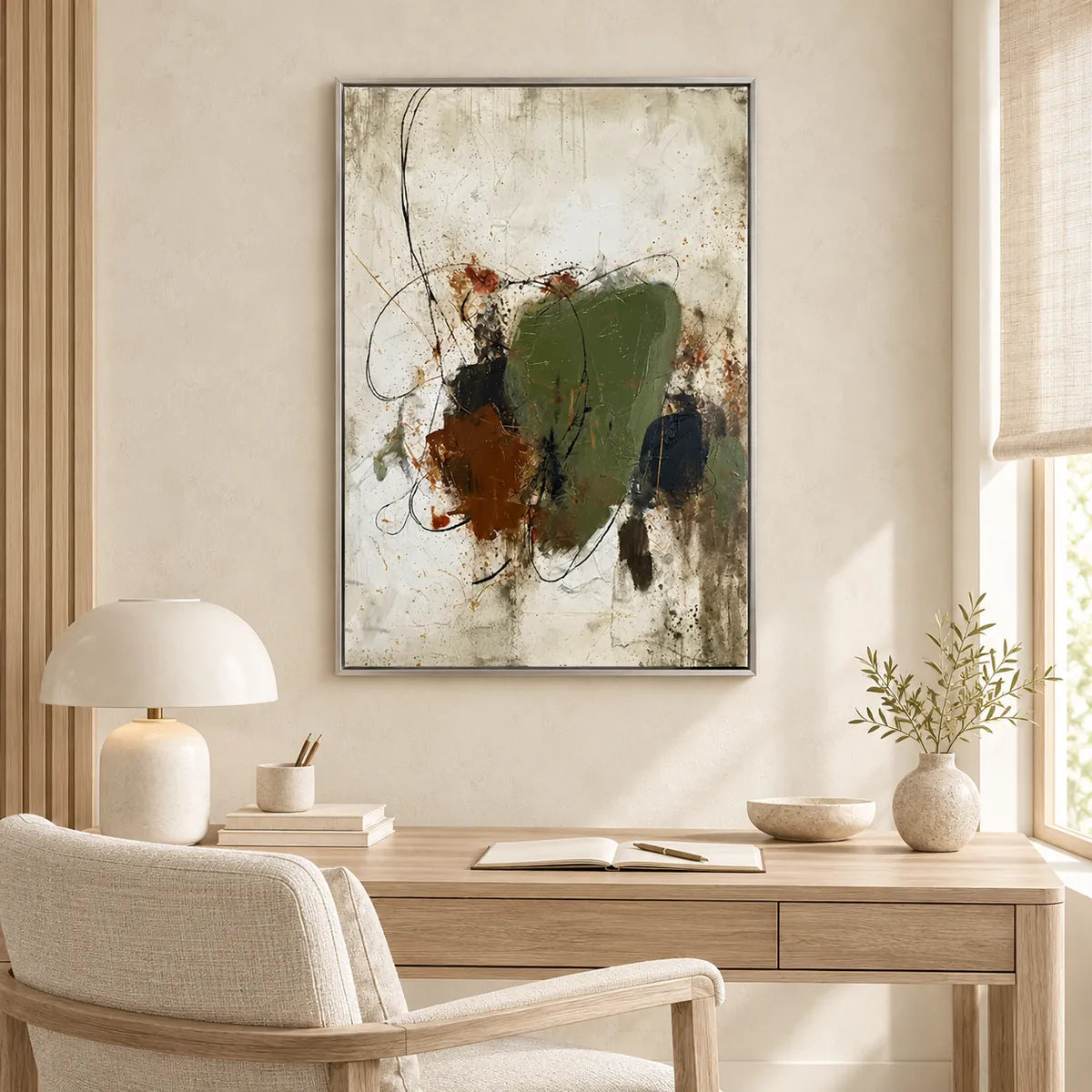 Wabi-Sabi Abstract Oil Painting Rustic Wall Art HP#2819 — Silver Frame existing room preview