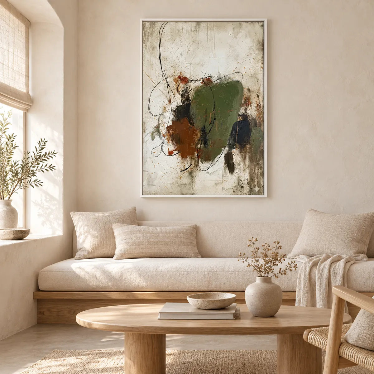 Wabi-Sabi Abstract Oil Painting Rustic Wall Art HP#2819 — White Frame existing room preview