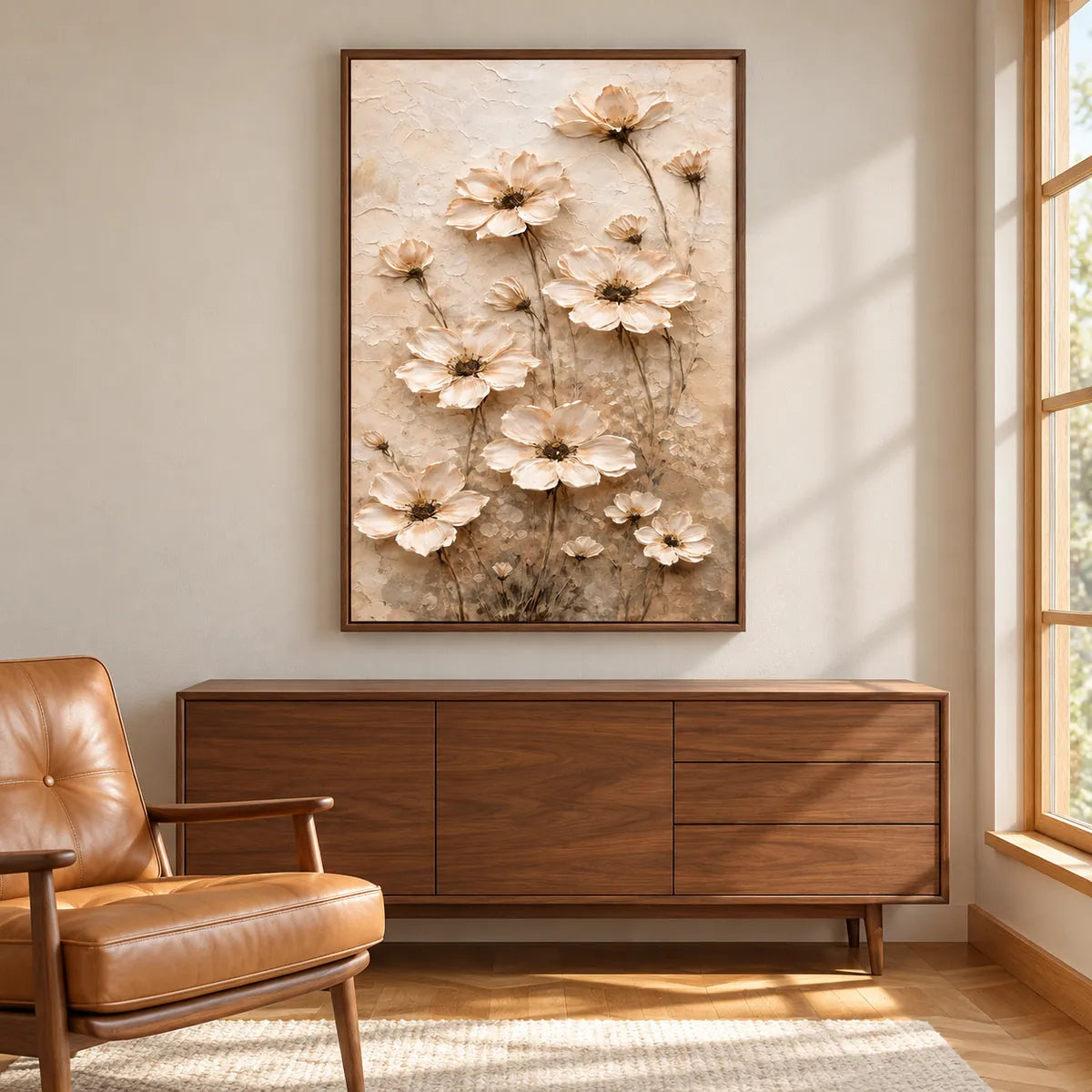 Sculpted Floral Oil Painting Neutral Wall Art HP#2820 — Dark Wood Frame existing room preview