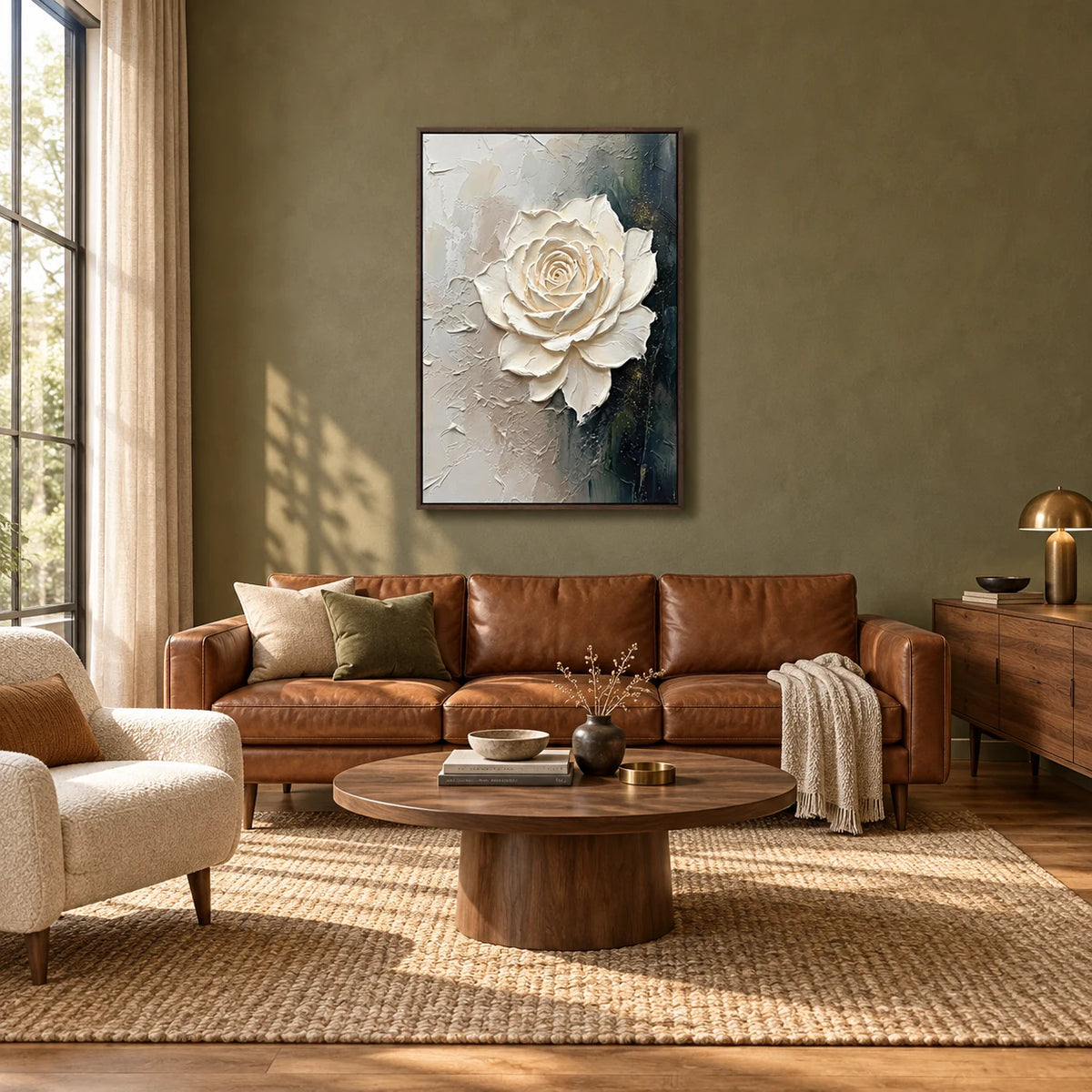 Hand-Painted 3D White Rose Floral Relief Oil Painting HP#2825 — Dark Wood Frame existing room preview
