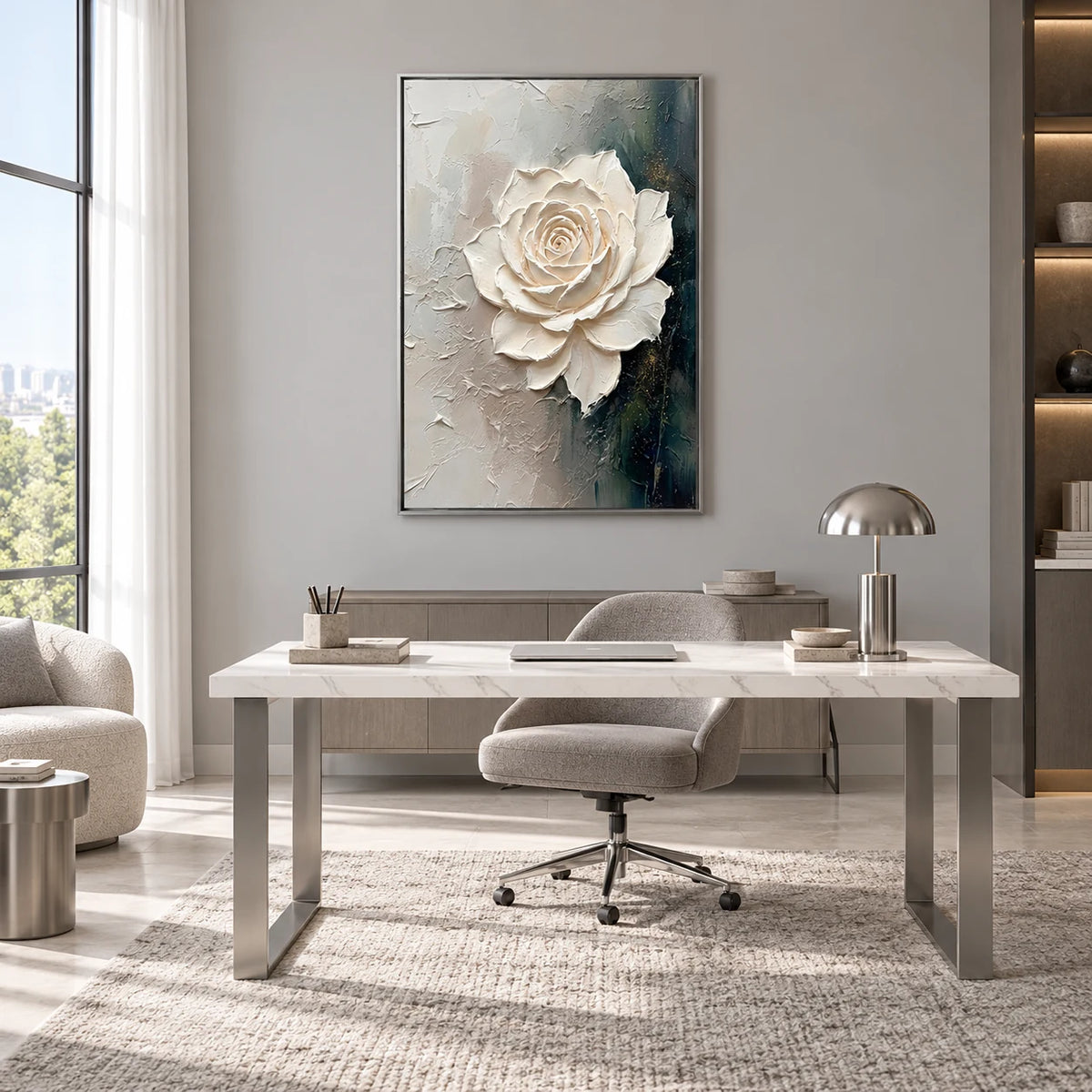 Hand-Painted 3D White Rose Floral Relief Oil Painting HP#2825 — Silver Frame existing room preview