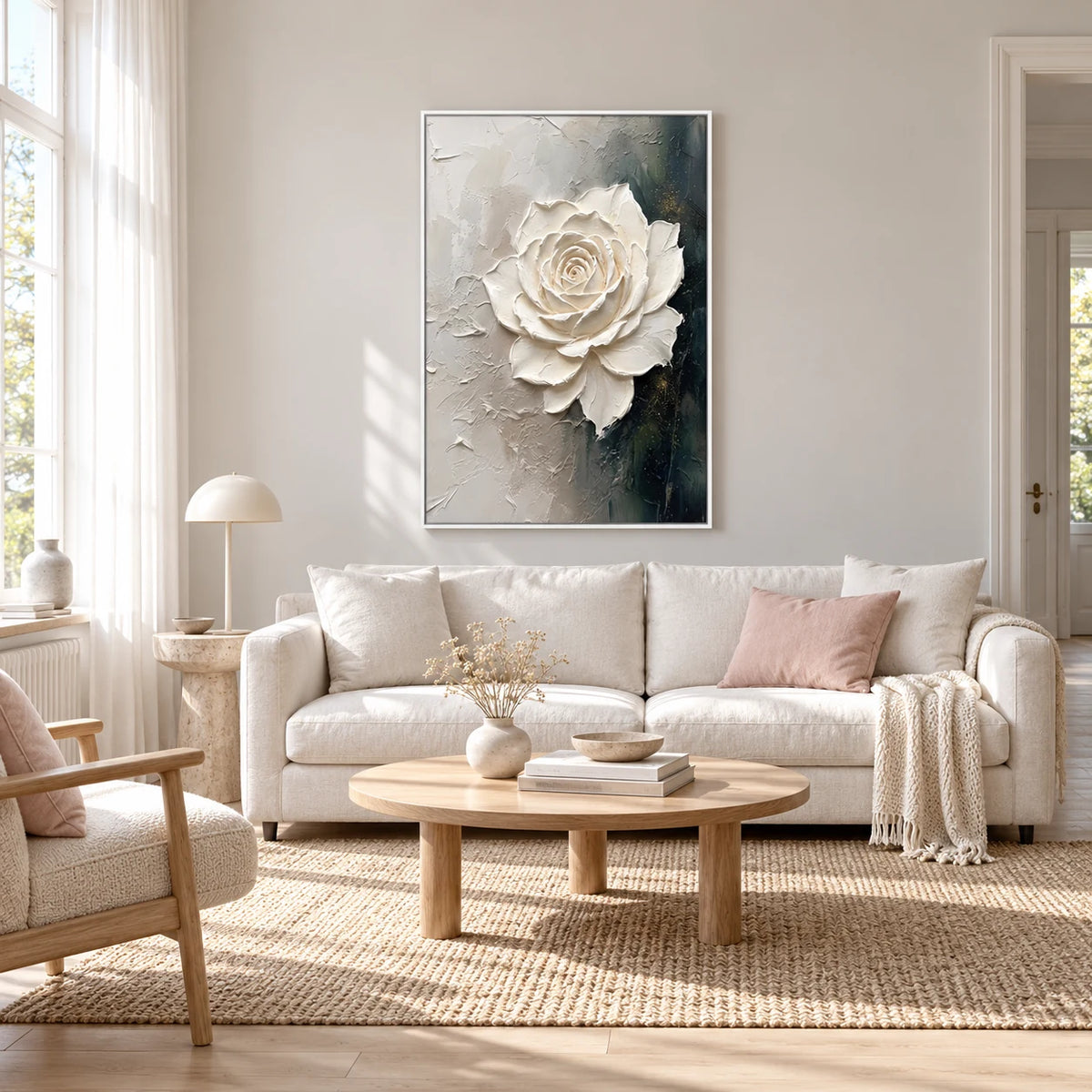 Hand-Painted 3D White Rose Floral Relief Oil Painting HP#2825 — White Frame existing room preview