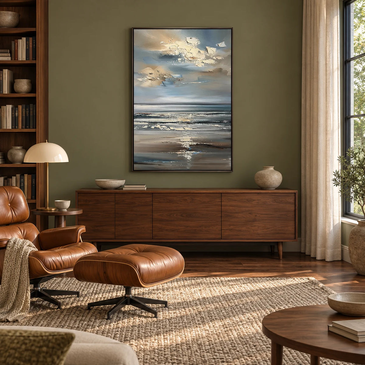 Modern Seascape Textured Ocean Oil Painting HP#2833 — Dark Wood Frame existing room preview