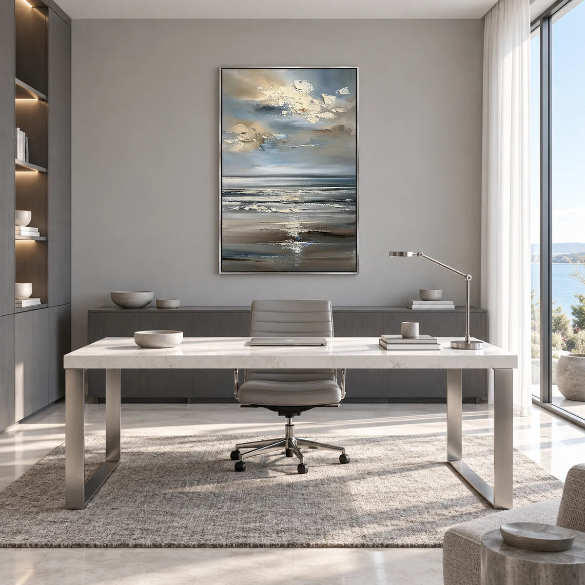 Modern Seascape Textured Ocean Oil Painting HP#2833 — Silver Frame existing room preview