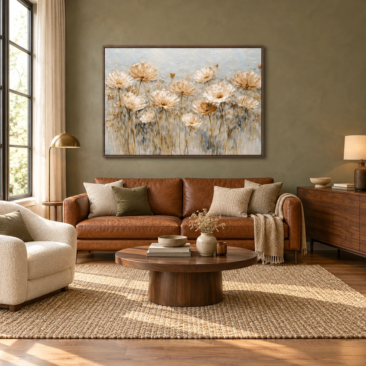 Antique Floral Meadow Textured Oil Painting HP#2840 — Dark Wood Frame existing room preview