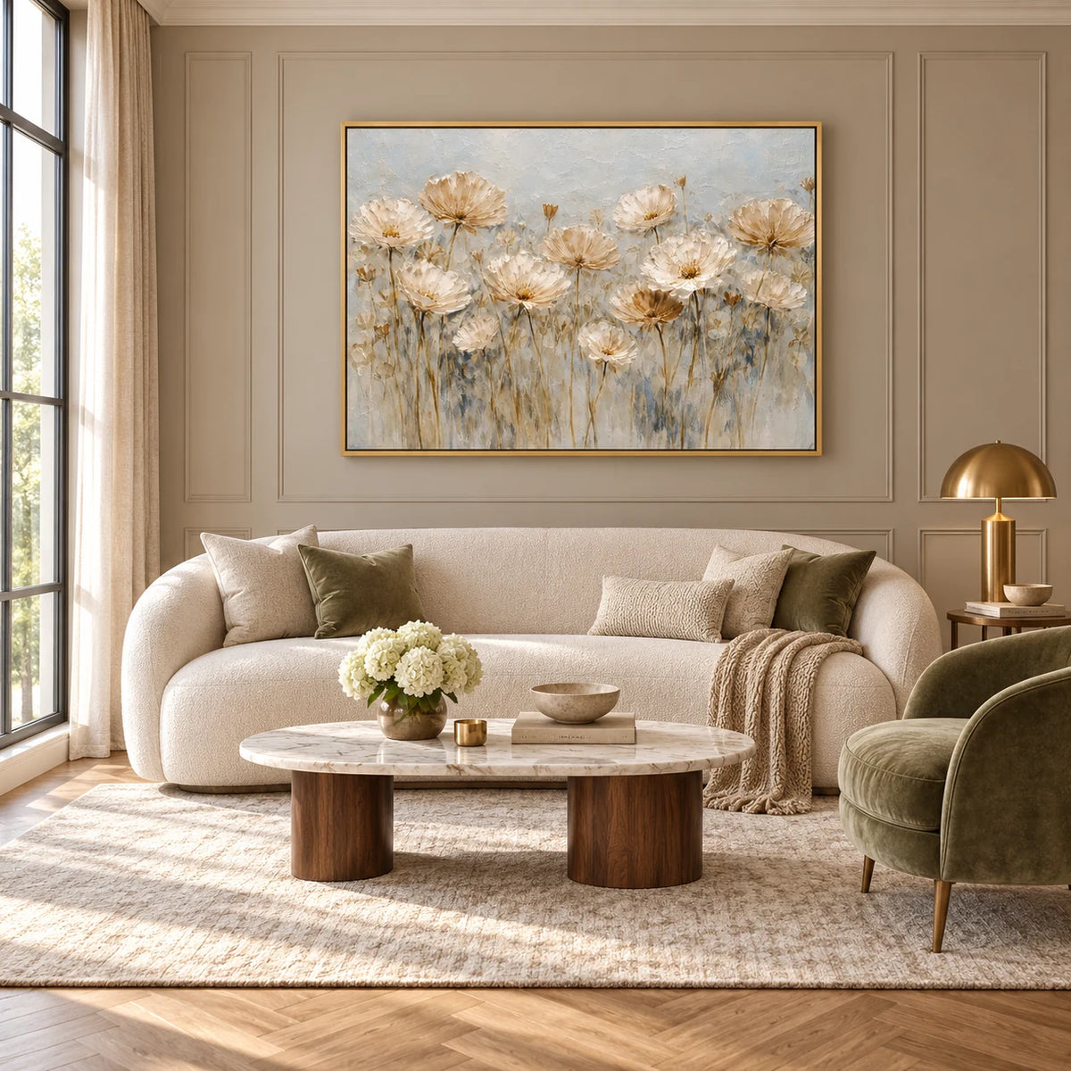 Antique Floral Meadow Textured Oil Painting HP#2840 — Gold Frame existing room preview