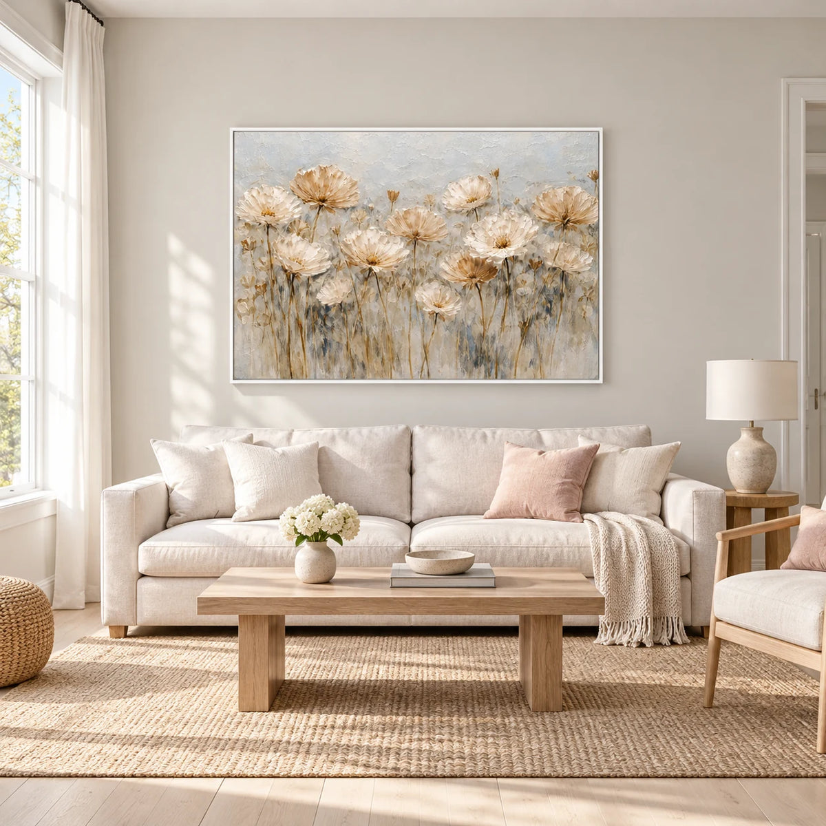 Antique Floral Meadow Textured Oil Painting HP#2840 — White Frame existing room preview
