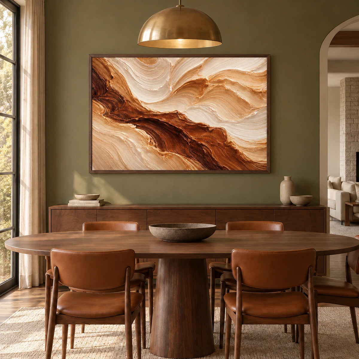 Earth Tone Abstract Heavy Texture Oil Painting HP#2843 — Dark Wood Frame existing room preview