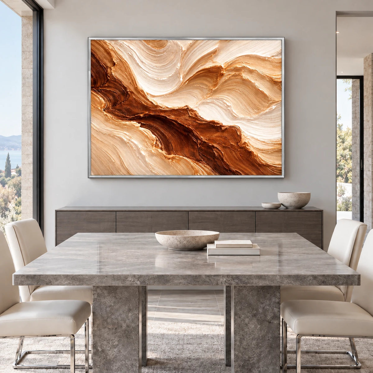 Earth Tone Abstract Heavy Texture Oil Painting HP#2843 — Silver Frame existing room preview
