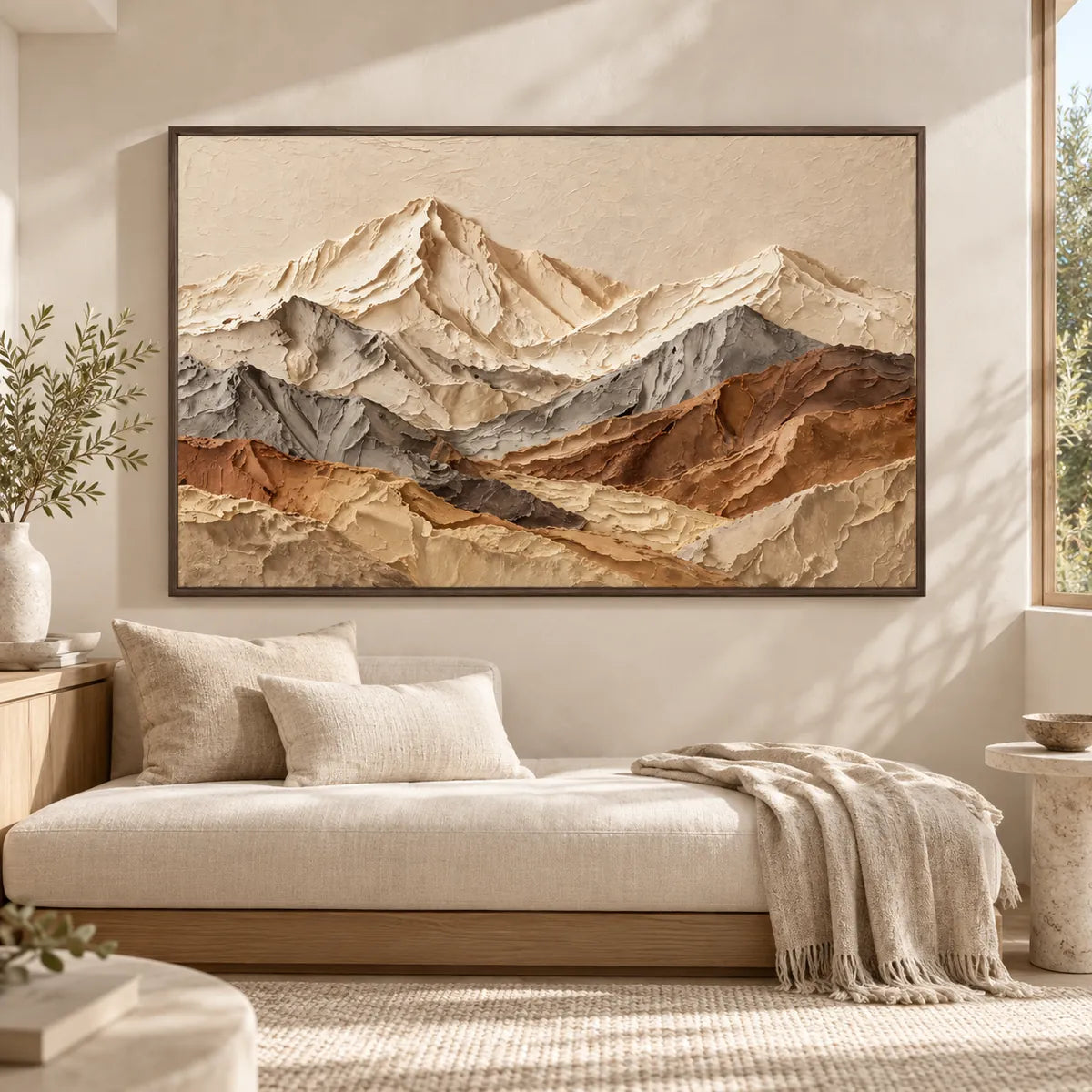 3D Textured Mountain Abstract Oil Painting HP#2845 — Dark Wood Frame existing room preview