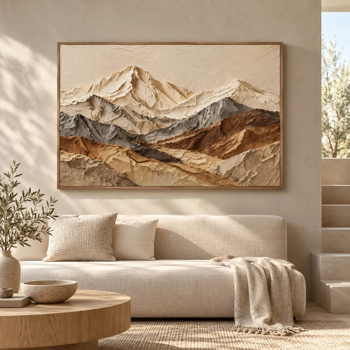 3D Textured Mountain Abstract Oil Painting HP#2845 — Light Coffee Frame existing room preview
