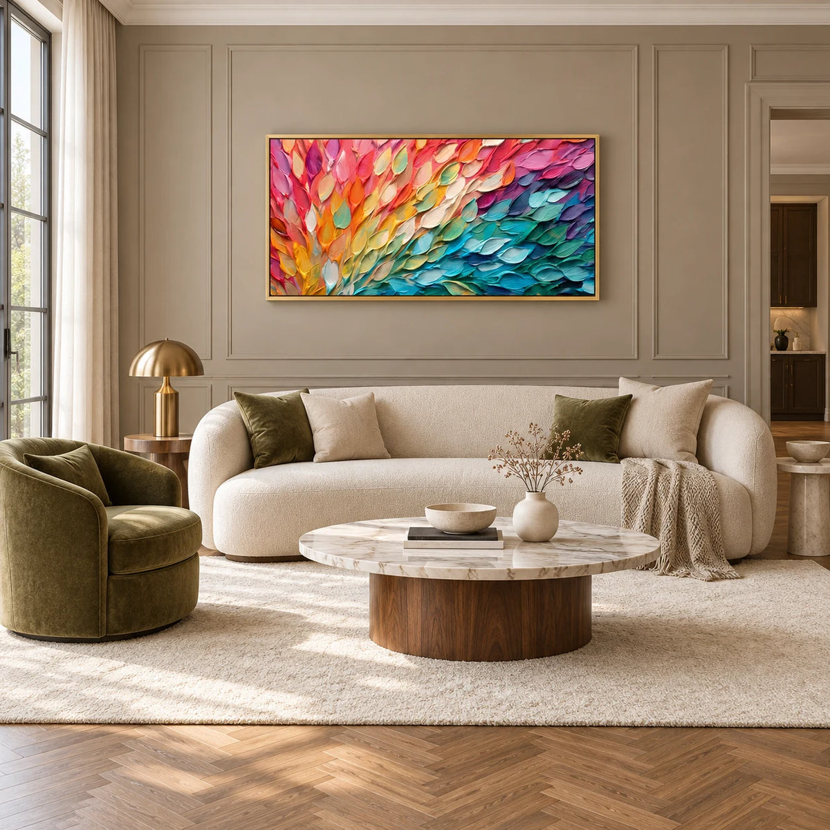 Aurora Bloom - Colorburst Abstract Wall Art Painting MT#2228 — Gold Frame existing room preview