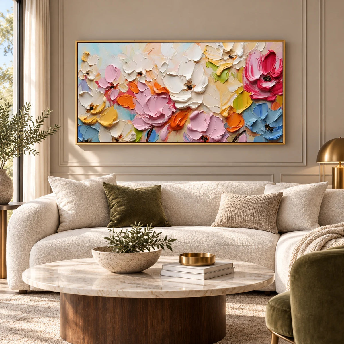 Petal Drift–Pastel Impasto Floral Painting MT#2602 — Gold Frame existing room preview